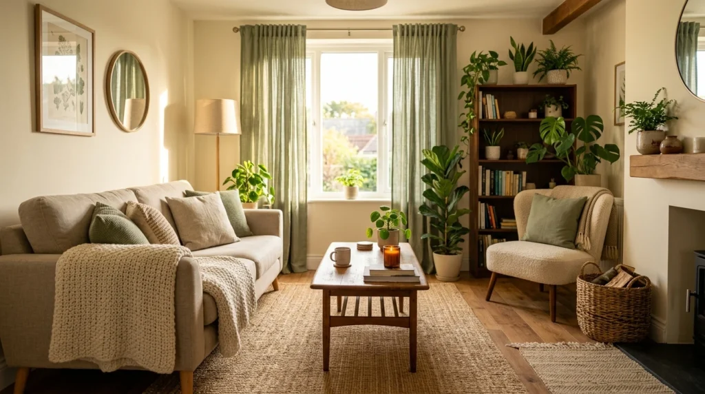 Cozy rental living room with layered textiles and neutral textures
