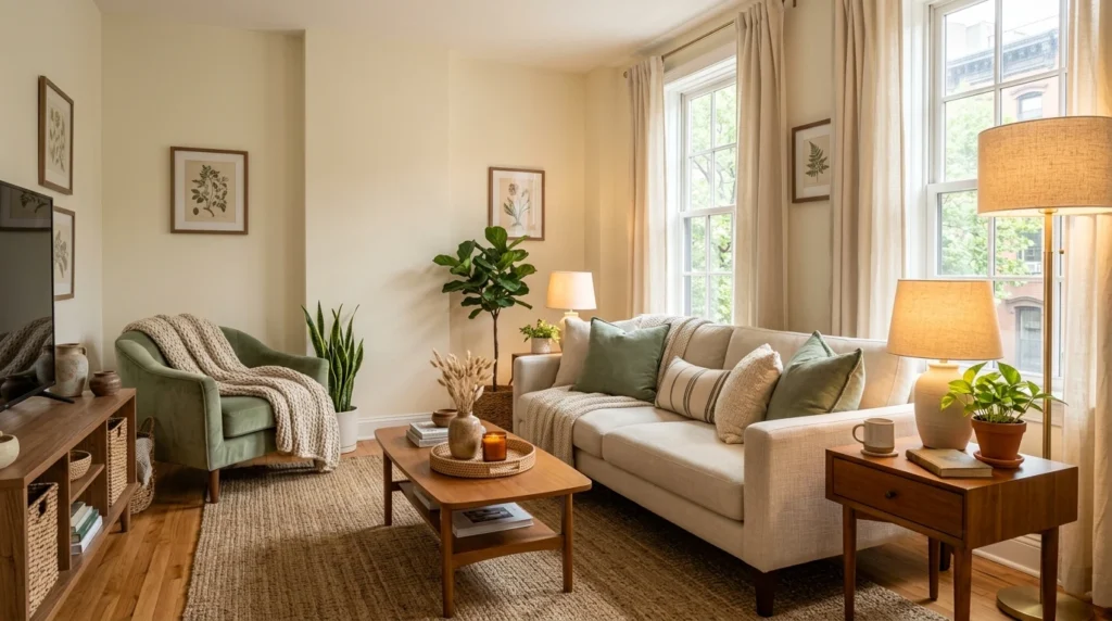 Cozy rental living room with warm floor and table lighting