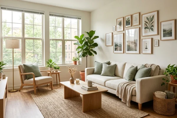 Cozy renter-friendly living room with neutral decor and natural wood furniture