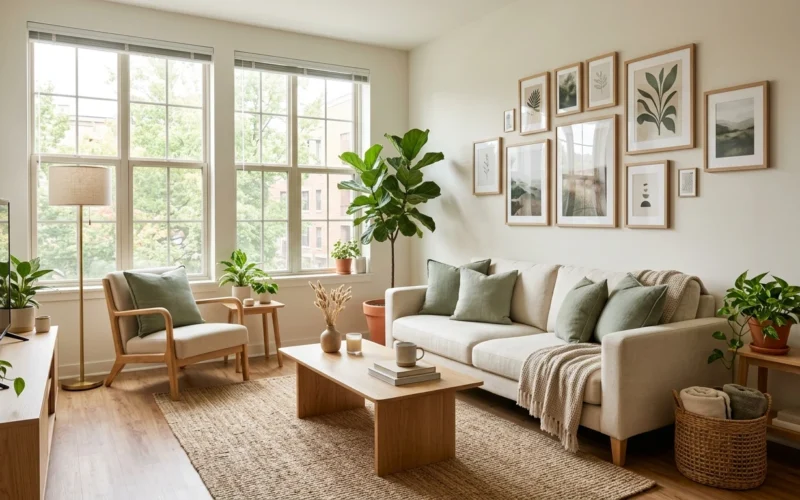 Cozy renter-friendly living room with neutral decor and natural wood furniture