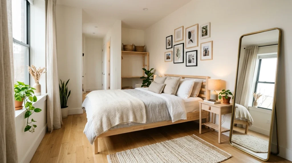 Finished small rental bedroom with renter-friendly decor