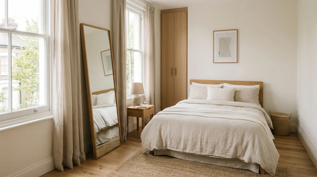 Full-length mirror reflecting natural light in a small bedroom