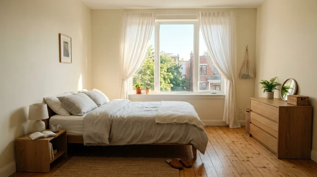 Large mirror reflecting natural light in a small bedroom