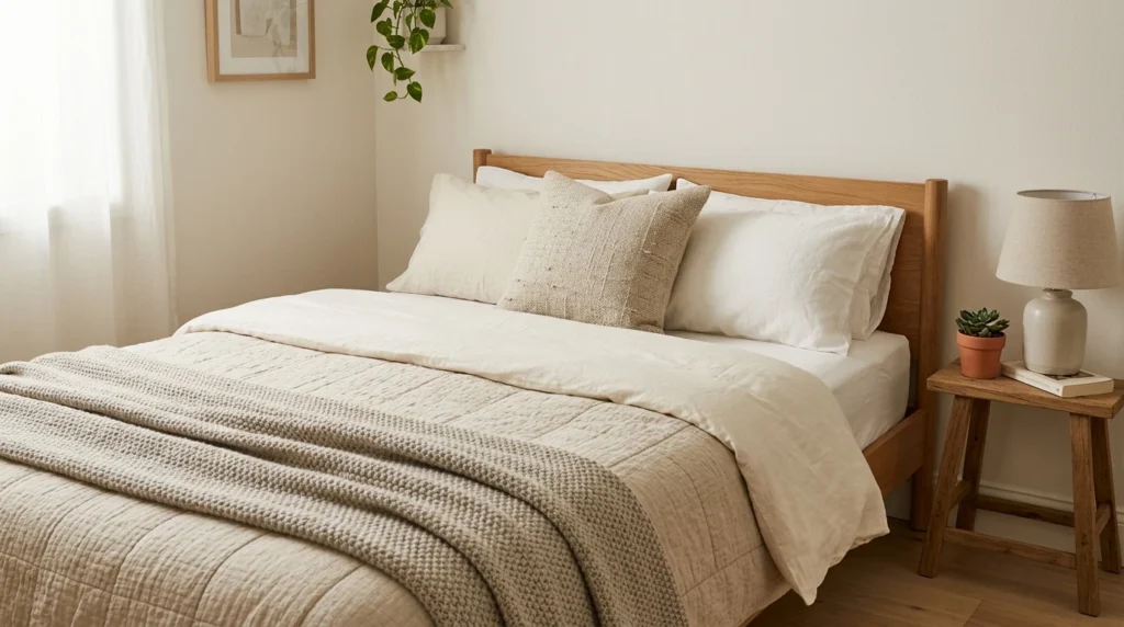 Layered neutral bedding in a small bedroom