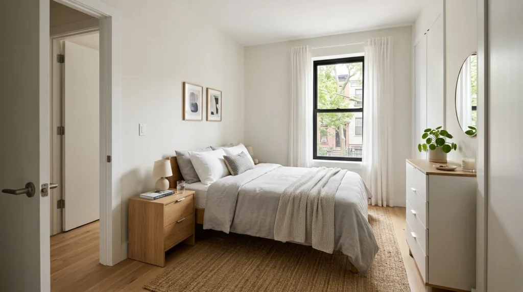 Organized under-bed storage in a small bedroom