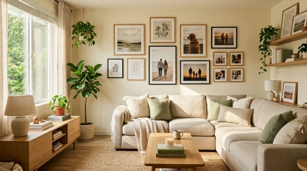 Personalized renter-friendly living room with cozy decor and plants