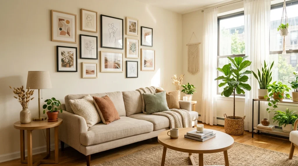 Renter-friendly living room wall decor with a simple gallery wall