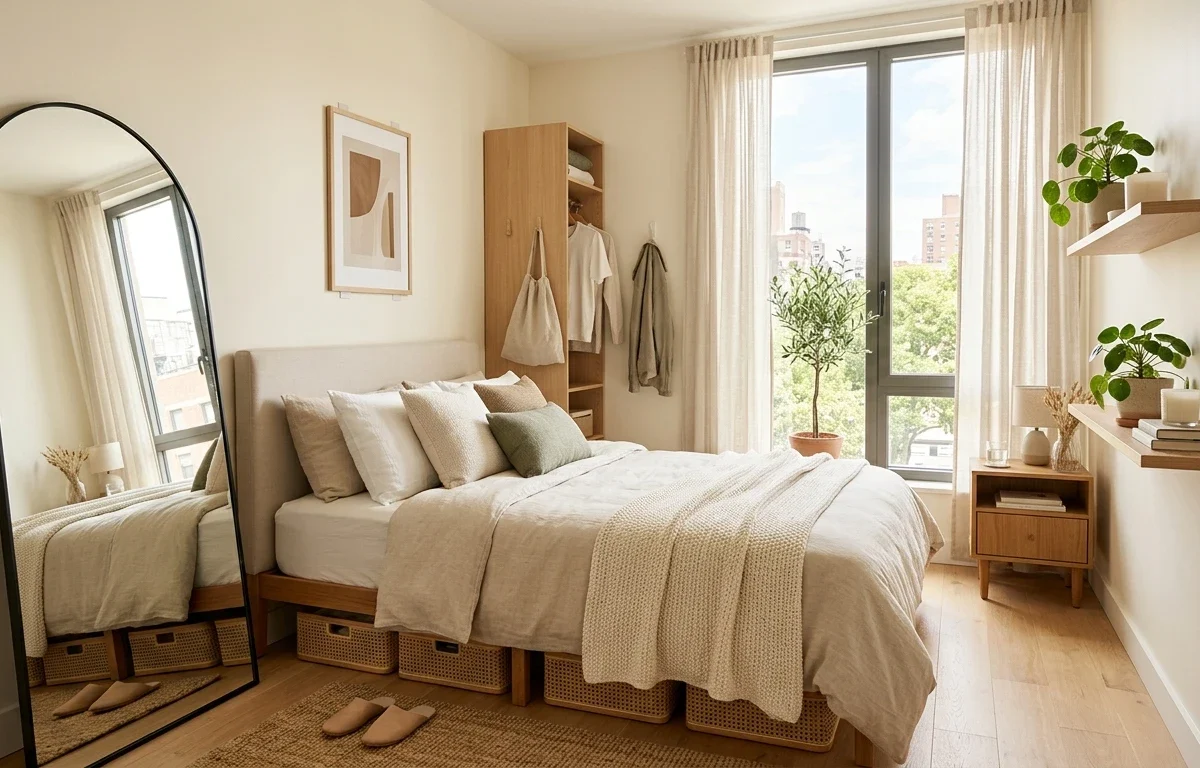 Small bedroom arranged to feel more spacious with light colors and open floor space