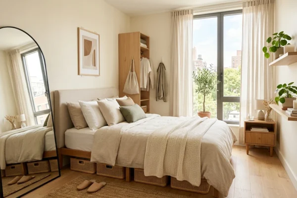 Small bedroom arranged to feel more spacious with light colors and open floor space
