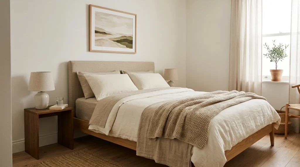 Small bedroom bed with simple headboard and neutral bedding