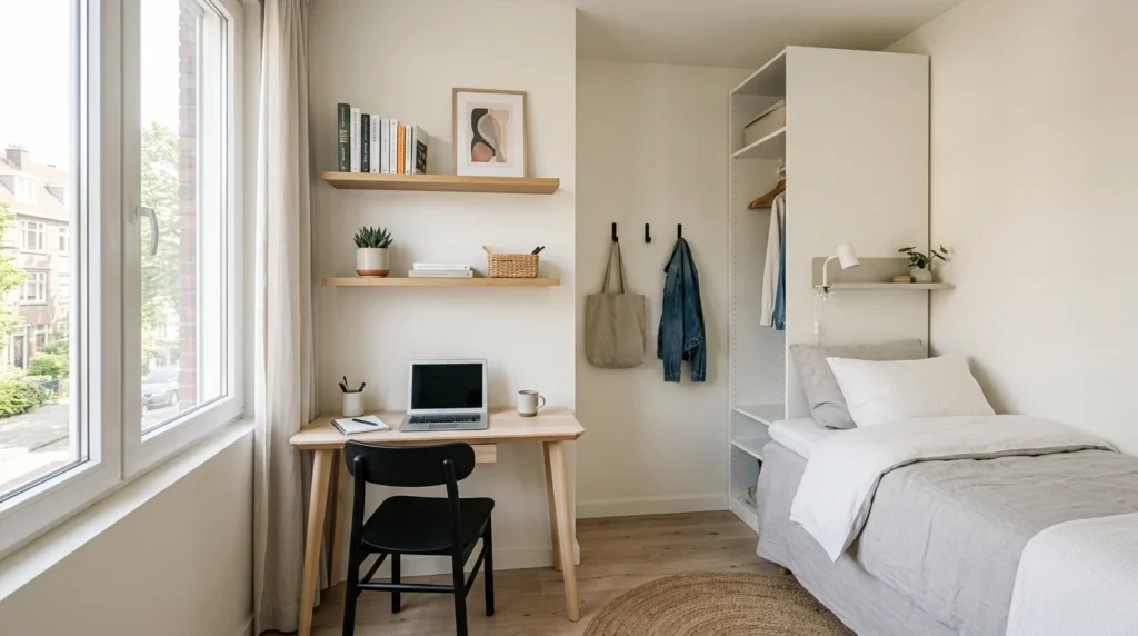 Small bedroom layout with clear walking space around the bed