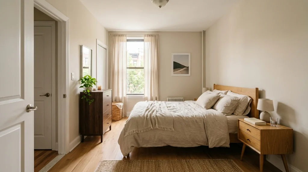 Small bedroom using floating shelves and vertical wall storage