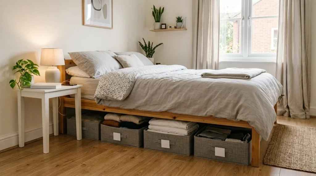 Small bedroom using light neutral colors to create an airy feel