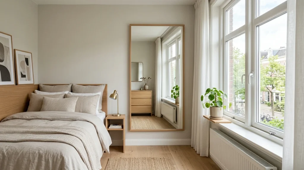 Small bedroom using natural window light and lightweight curtains