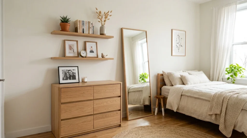 Small bedroom using vertical space for wall decor
