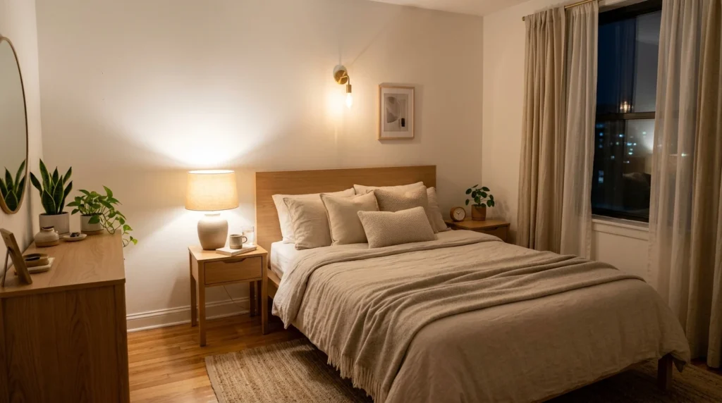 Warm bedside lighting in a small bedroom