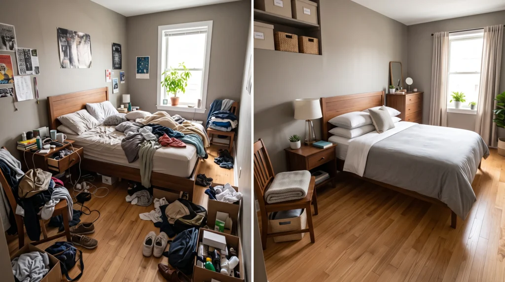 Cluttered and organized small rental bedroom comparison