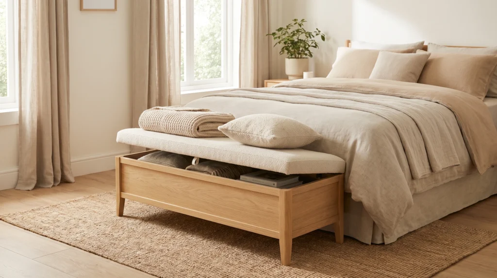 Storage bench at the foot of a bed in a cozy rental bedroom