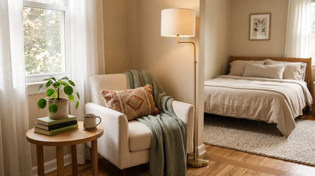 Cozy reading corner in a small apartment bedroom