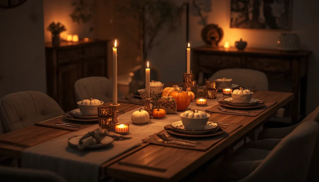 Cozy evening fall dining table with candles and warm lighting