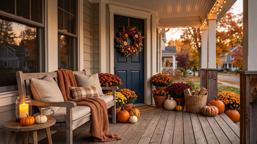 Cozy fall porch seating area with bench, throw blanket, pumpkins, and lantern