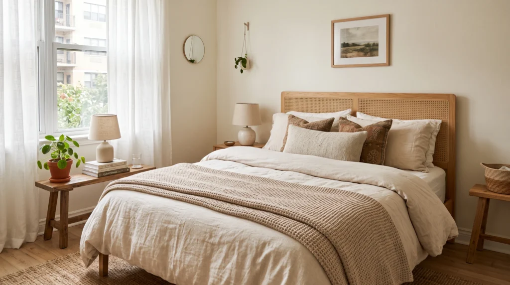 Cozy rental bedroom with layered neutral bedding