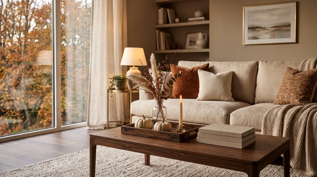 Elegant fall coffee table decor with candles and neutral pumpkins