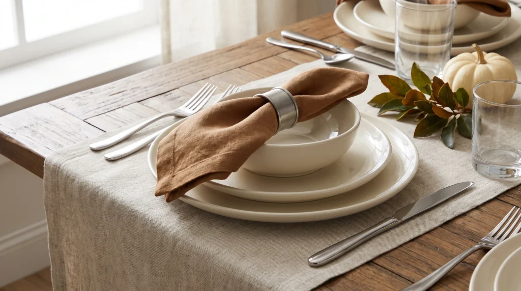 Elegant fall table setting with layered plates and cloth napkin