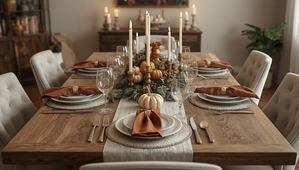 Elegant Thanksgiving tablescape with candles, greenery, pumpkins, and linen