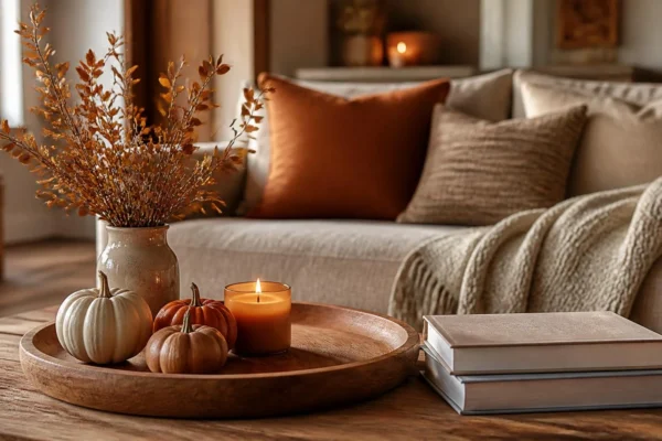 Fall coffee table decor in a cozy autumn living room