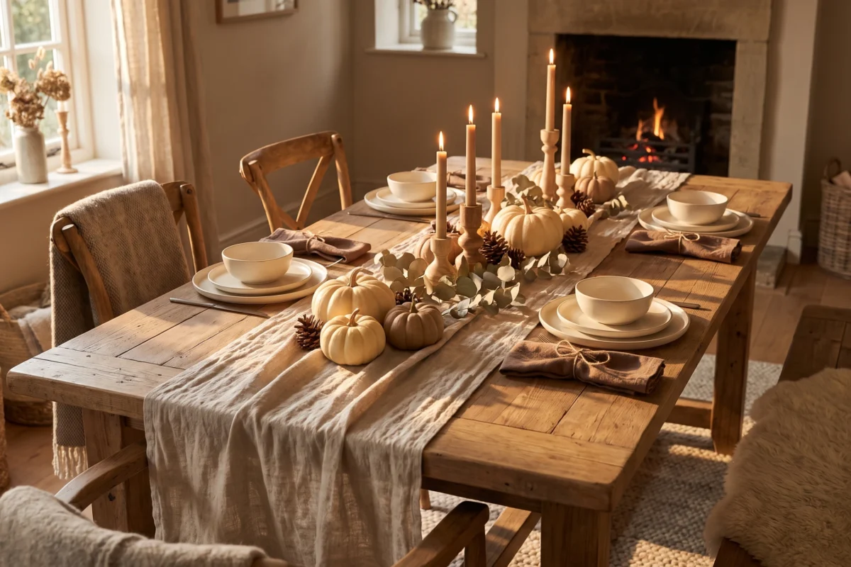 Cozy elegant fall dining table with pumpkins, candles, and natural greenery