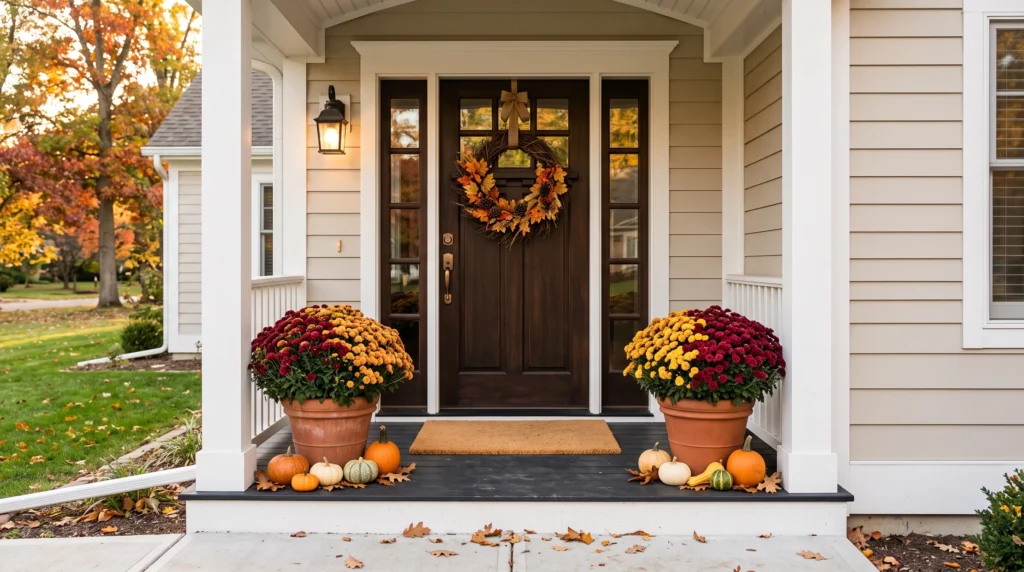 Potted fall mums and pumpkins beside an autumn-decorated front door