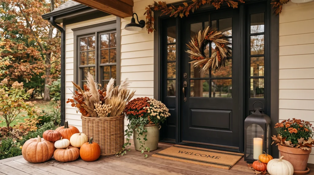 Fall porch decor using orange, cream, rust, brown, green, and black accents