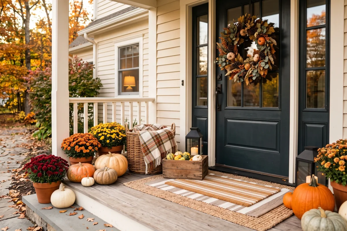 Cozy fall porch decorated with pumpkins, wreath, mums, and a layered welcome mat