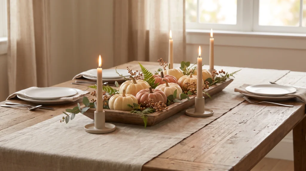 Fall table centerpiece with mini pumpkins, candles, greenery, and wood
