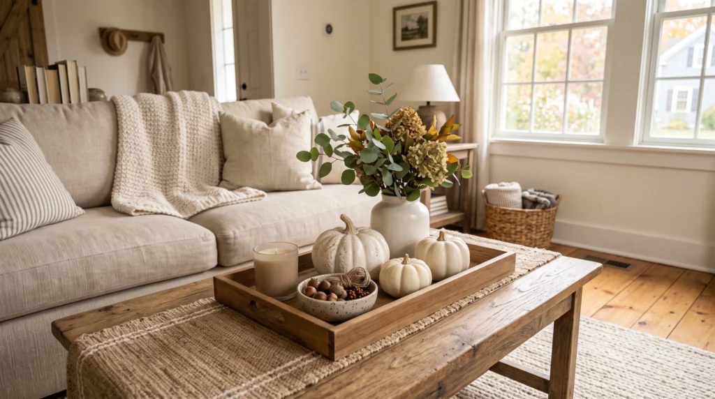 Farmhouse fall coffee table arrangement with pumpkins and greenery