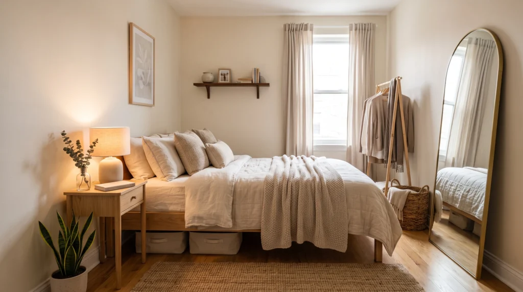 Finished small bedroom with cozy aesthetic decor and smart storage