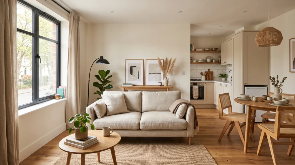 Floating sofa dividing an open-plan apartment living room