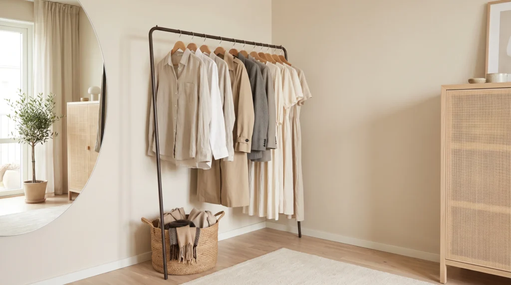 Slim freestanding clothing rack providing extra storage in a rental bedroom