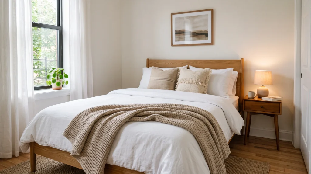 Layered bedding in a cozy small rental bedroom