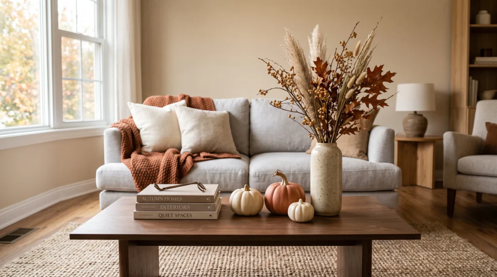 Layered fall coffee table styling with books vase and pumpkins