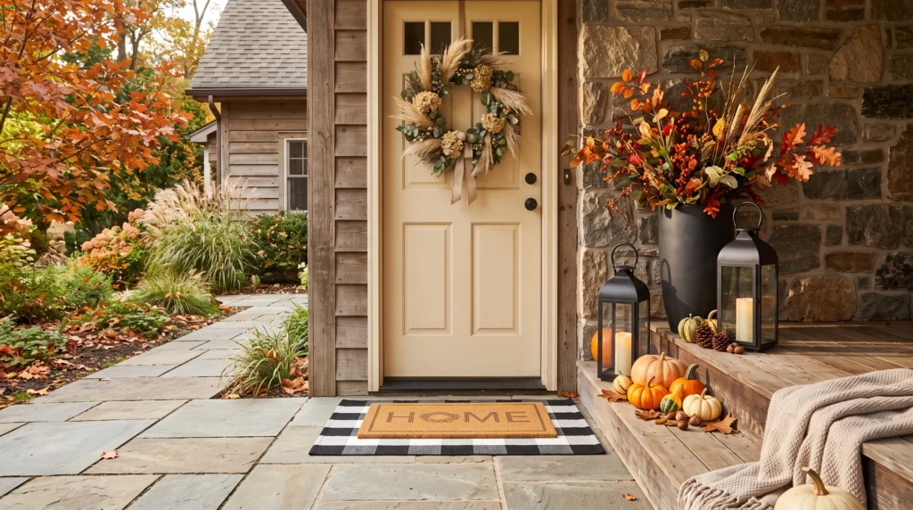 Layered fall porch decor using a tall planter, lantern, and small pumpkins