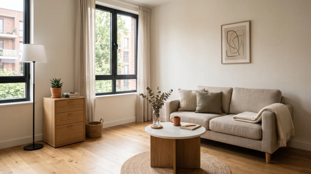 Minimal furniture layout in a small apartment living room