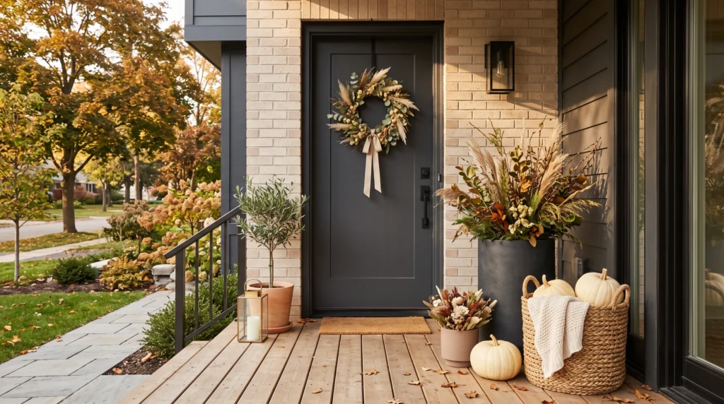 Modern neutral fall porch with cream pumpkins and minimalist autumn decor