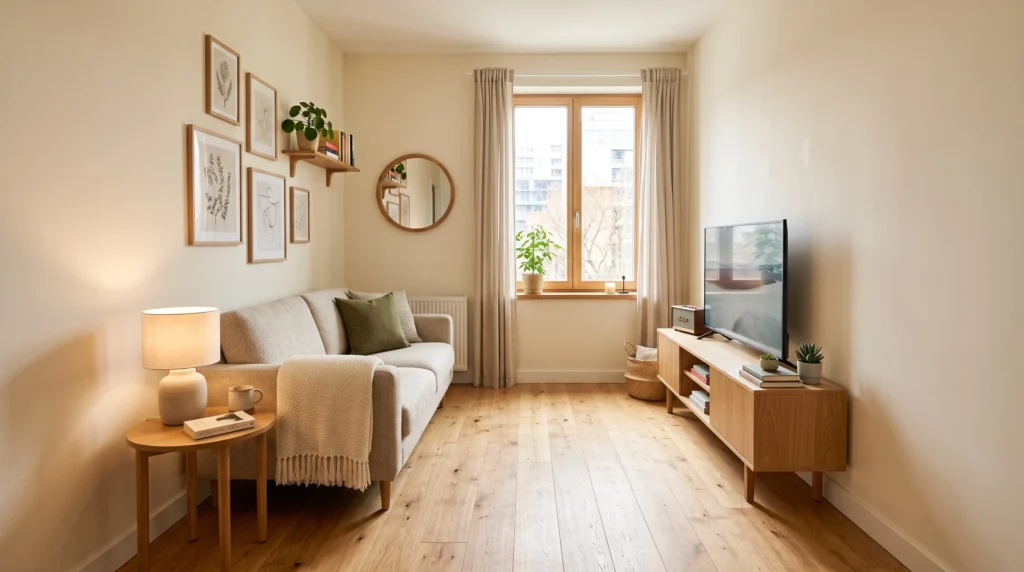 Narrow apartment living room with furniture arranged on one side