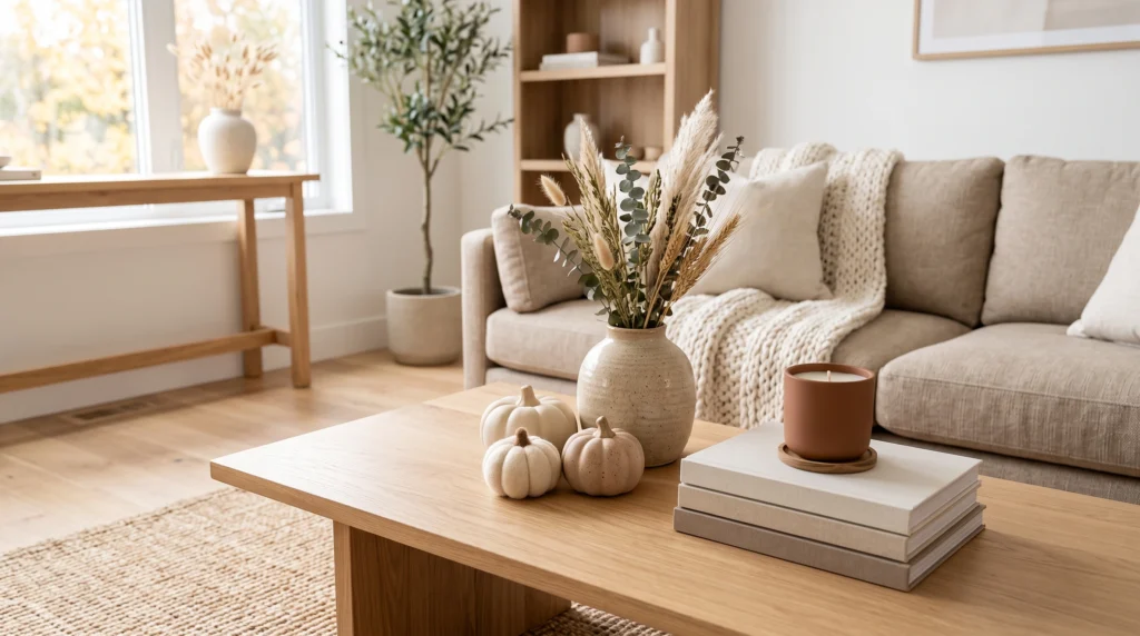 Neutral fall coffee table decor with cream pumpkins and warm accents