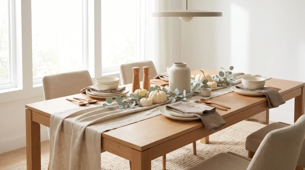 Neutral fall tablescape with cream plates, beige linen, and greenery