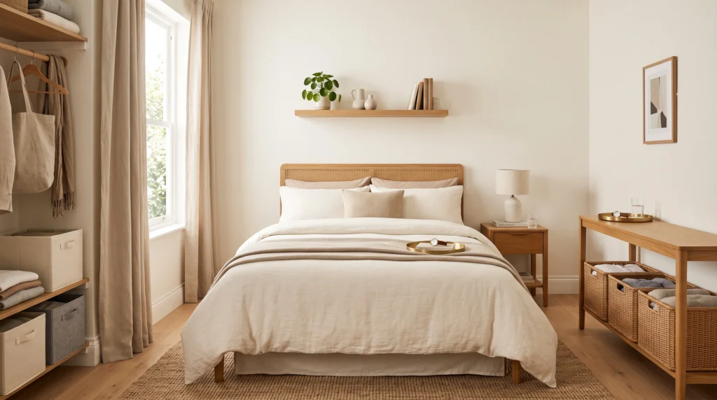 Organized cozy small bedroom with baskets and hidden storage