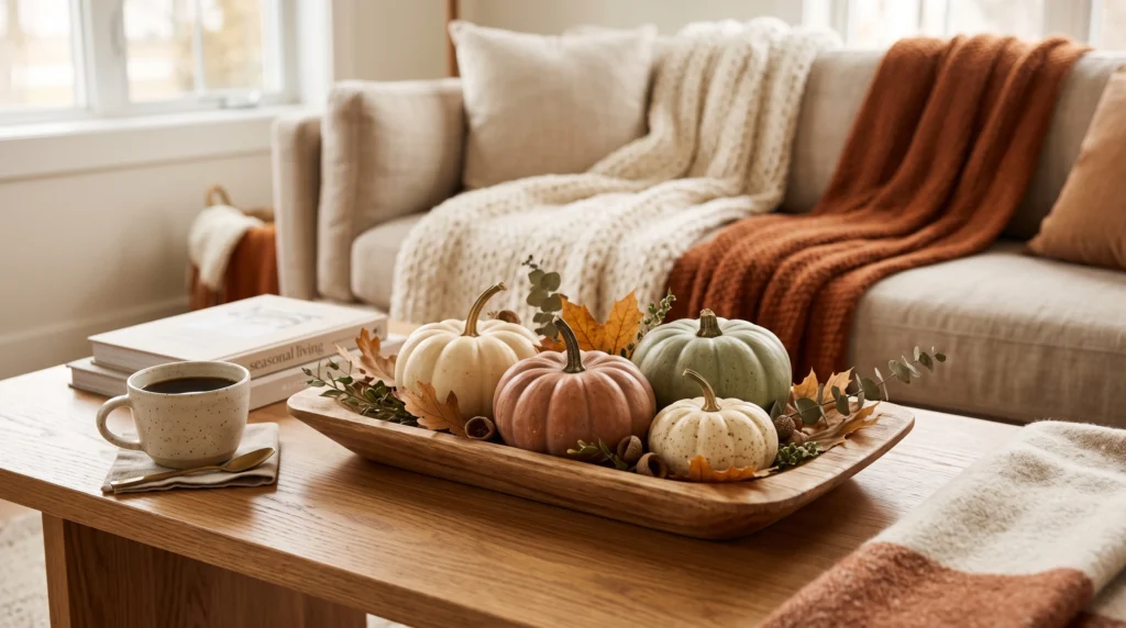 Mini pumpkins arranged as a fall coffee table centerpiece