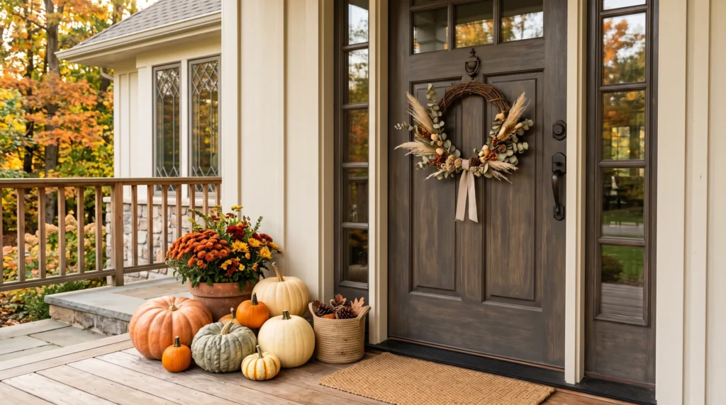 Grouped orange, cream, and green pumpkins decorating a fall front porch
